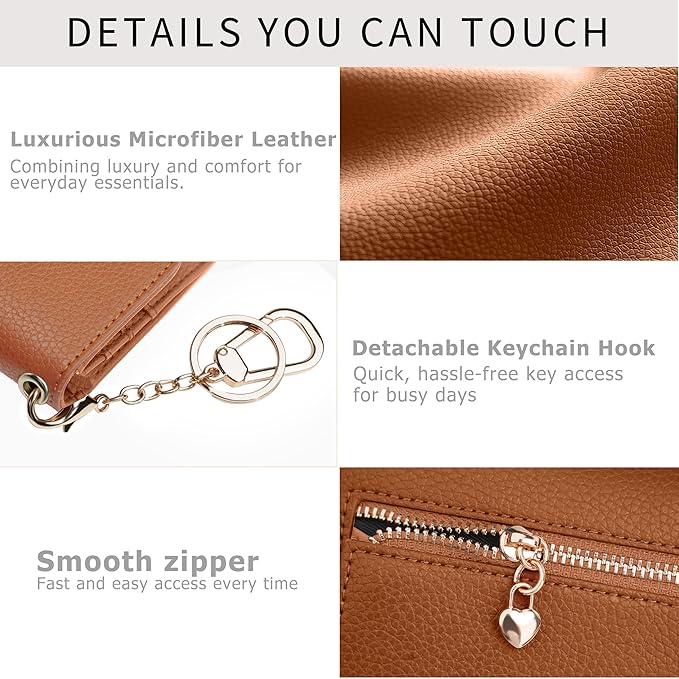 Women Small Wallet RFID Blocking Slim Wallet with Coin Pocket Tri-Fold Credit Card Holder with ID Window and Keychain (Dark Brown)