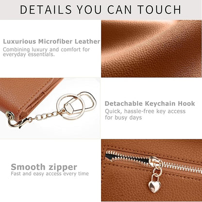 Women Small Wallet RFID Blocking Slim Wallet with Coin Pocket Tri-Fold Credit Card Holder with ID Window and Keychain (Dark Brown)