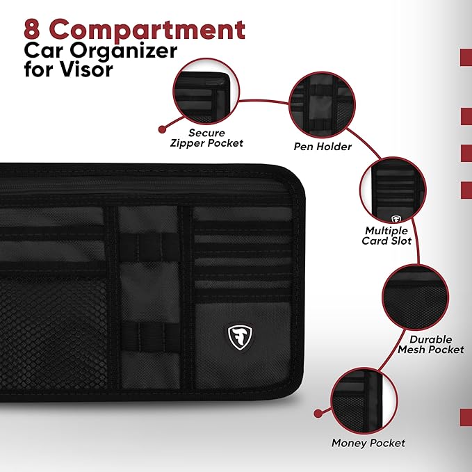 Firestone 2 Pack Sun Visor Organizer Car Accessories for Men & Women, Multi Pocket Visor Storage with Pockets & Card Slots, Eyeglass Holder, Document Holder & Pen Slots - Fits Most Vehicles, Black