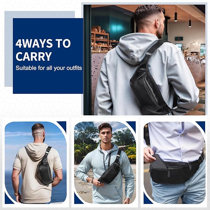 Faux Leather Belt Bag for Men, Crossbody Sling Bag with Adjustable Strap, Back Zipper Pocket, Large Capacity Waist Pack for Travel, Work, Every, Black