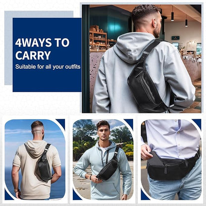 Faux Leather Belt Bag for Men, Crossbody Sling Bag with Adjustable Strap, Back Zipper Pocket, Large Capacity Waist Pack for Travel, Work, Every, Black