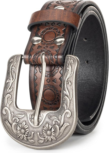 Mealah Vintage Western-Cowboy-Belt for Women Men - Carved Buckle PU Leather Waist Belts (for Waist 28"-38")