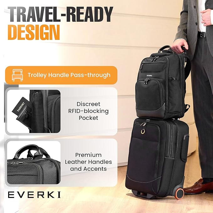 EVERKI Onyx 25L Business Laptop Backpack – Professional Travel Backpack for Men & Women, Laptop Bag with Premium Leather Ballistic & Nylon, Office & Flight Approved, Fits Laptops up to 15.6” - Black