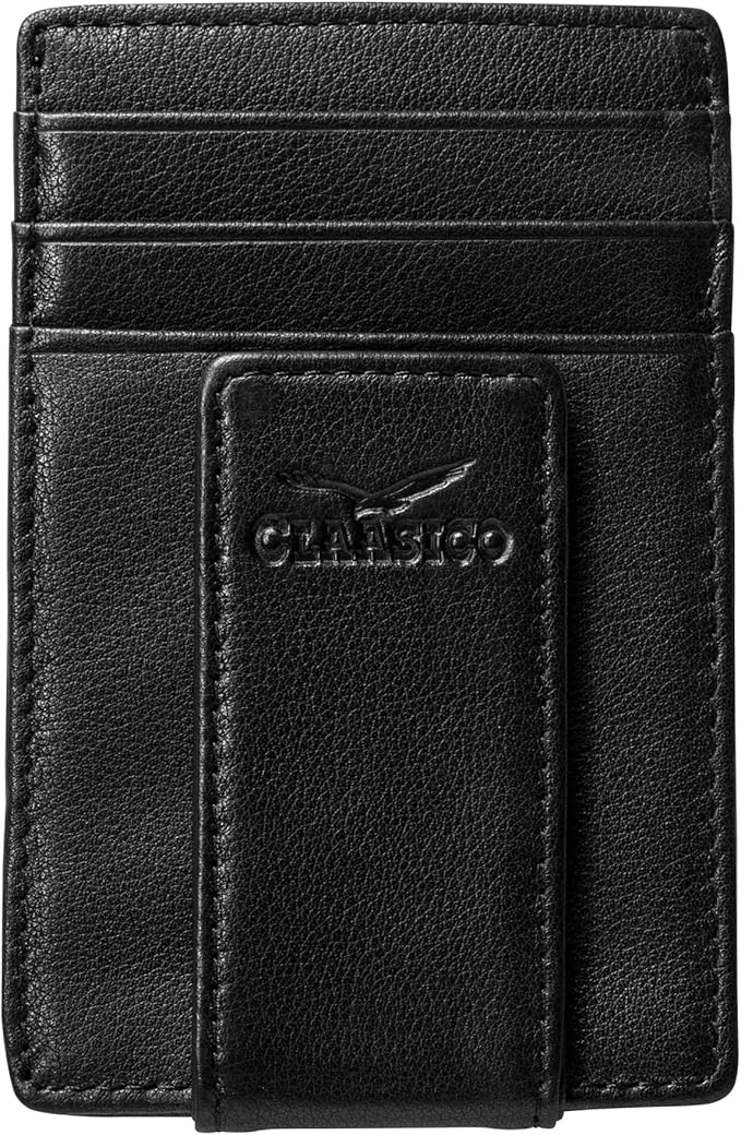 Claasico Men’s Leather Money Clip Wallet – Slim Front Pocket Wallet w/Super Strong Magnetic Clip, RFID Blocking, 5 Card Slots & Center Pocket + ID Window
