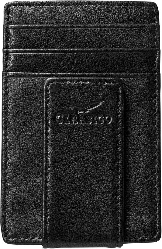 Claasico Men’s Leather Money Clip Wallet – Slim Front Pocket Wallet w/Super Strong Magnetic Clip, RFID Blocking, 5 Card Slots & Center Pocket + ID Window