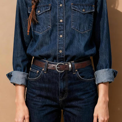 SANSTHS Womens Genuine Leather Belts for Jeans Pants Trendy Vintage Thin Leather Belt Gold Buckle Ladies Skinny Waist Belt