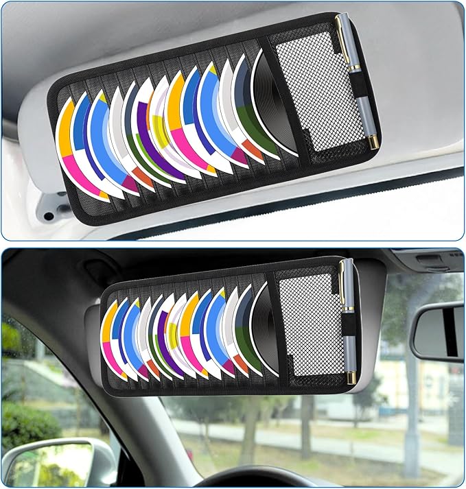 TIESOME CD Visor Holder for Car, Visor CD Holder Organizer Large Capacity CD Visor Case Car Sun Visor Organizer with 12 DVD Storage Sleeves 1 Mesh Pocket 1 Pen Holder and Elastic Strap(Black)