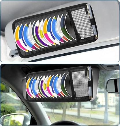 TIESOME CD Visor Holder for Car, Visor CD Holder Organizer Large Capacity CD Visor Case Car Sun Visor Organizer with 12 DVD Storage Sleeves 1 Mesh Pocket 1 Pen Holder and Elastic Strap(Black)