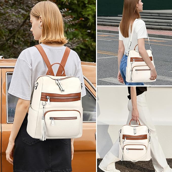 ALTOSY Genuine Leather Backpack Purse for Women Large Shoulder Bag With Laptop Compartment Multiple Pockets (S106 Beige/Brown)