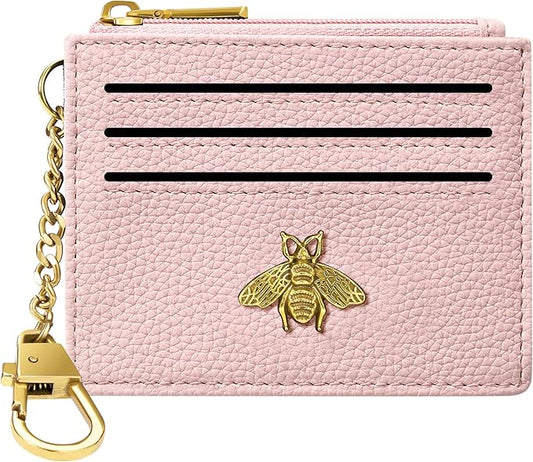 SEAVILIA Card Holder Keychain Wallet for Women with ID Window RFID Blocking Coin Purse Bee Gifts Slim Minimalist Small PU Leather