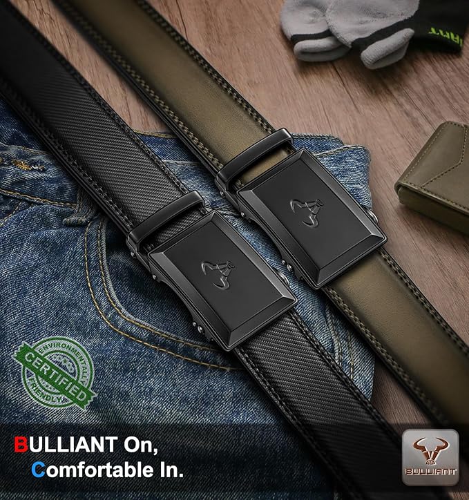 BULLIANT Men Belt 2Pack-Ratchet Leather Belt Adjsutable For Jeans Dress Casual Pant 1 3/8"- Cut For Fit