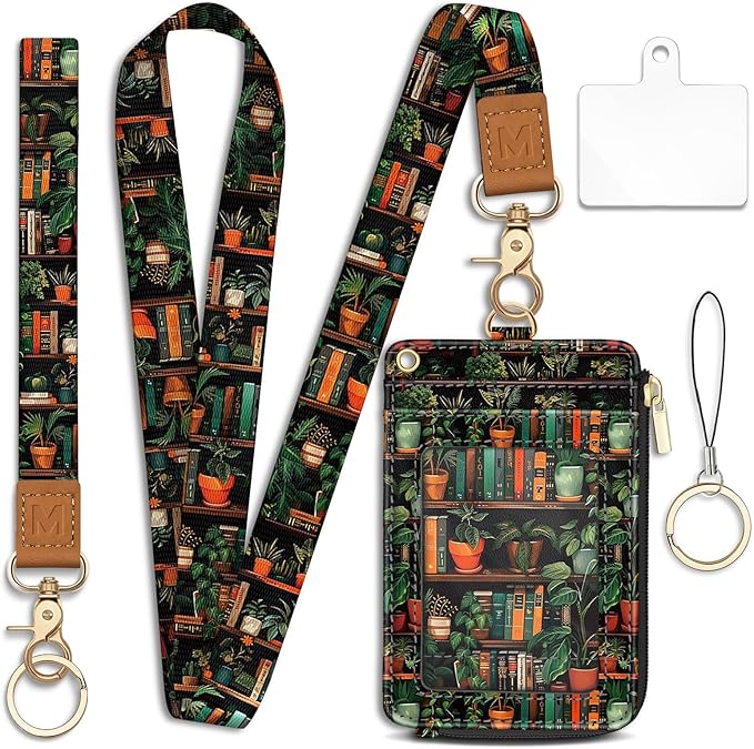 Lanyard Wallet with Id Badge Holder, Bookshelf RFID Small Keychain Wallet Women Wristlet, Cute Zipper Credit Card Holder Phone Wrist Neck Strap for Key Name Tag, Teacher Student Office Gifts