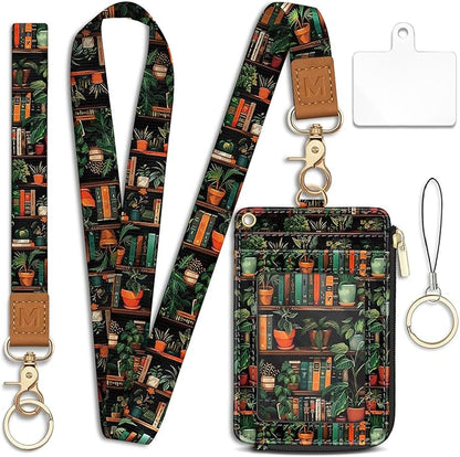 Lanyard Wallet with Id Badge Holder, Bookshelf RFID Small Keychain Wallet Women Wristlet, Cute Zipper Credit Card Holder Phone Wrist Neck Strap for Key Name Tag, Teacher Student Office Gifts