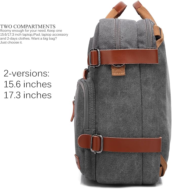 CoolBELL Convertible Backpack Messenger Shoulder bag Laptop Case Handbag Business Briefcase Multi-functional Travel Rucksack Fits 15.6 Inch Laptop For Men/Women (Cancas Dark Grey)
