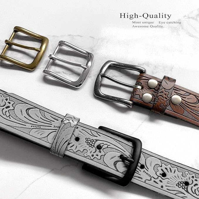 Western Floral Engraved Embossed Tooled Genuine Leather Belt Strap or Belt 1-1/2"(38mm) Wide, Multi-Style Options