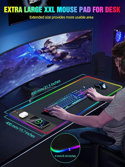 TopMade Wireless Charging RGB Mouse Pad, Waterproof Gaming Desk Mat with 4 Light Modes & 11 RGB Colors, 31.5"x15.75" XXL Large Desk Pad(Includes 20W PD Power Adapter & 6.56ft Woven Cable)
