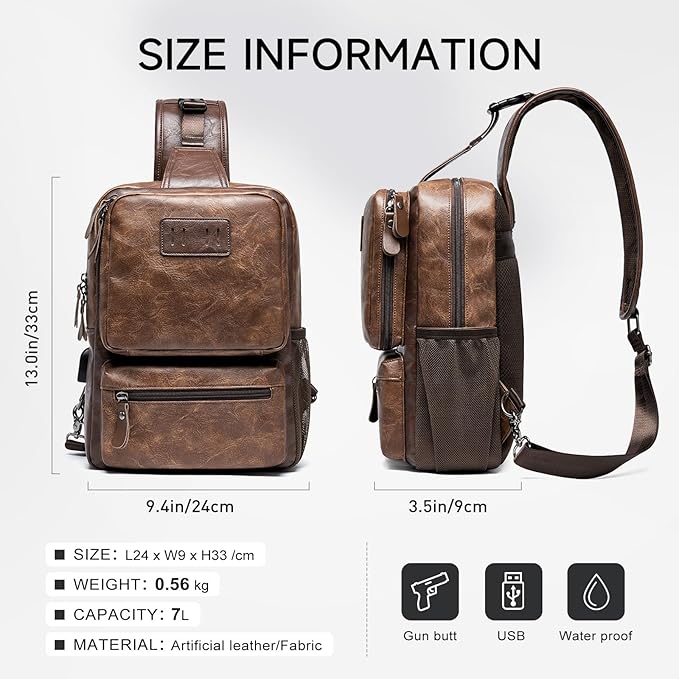 MOYYI EDC Crossbody Bag for Men Leather Sling Bag, Tactical Chest Bag with USB Charging Port, 7L Small Casual Daypacks for Travel
