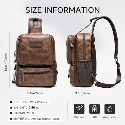 MOYYI EDC Crossbody Bag for Men Leather Sling Bag, Tactical Chest Bag with USB Charging Port, 7L Small Casual Daypacks for Travel