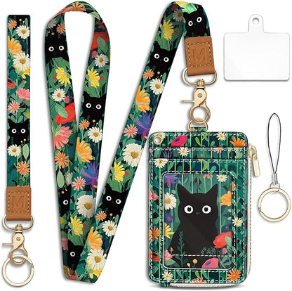 Lanyard Wallet with Id Badge Holder, Black Cat RFID Small Keychain Wallet Women Wristlet, Cute Zipper Credit Card Holder Phone Wrist Neck Strap for Key Name Tag, Teacher Student Office Gifts