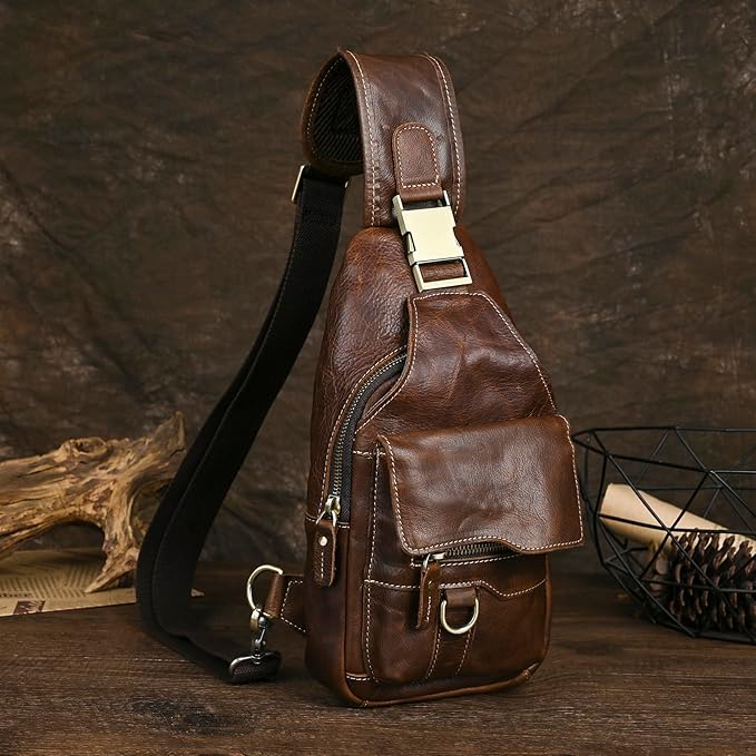 Genuine Leather Hiking Travel DayPack Sling Crossbody Triangle Chest Pack Bag For Men Women 8241 (8241 Dark Coffee)