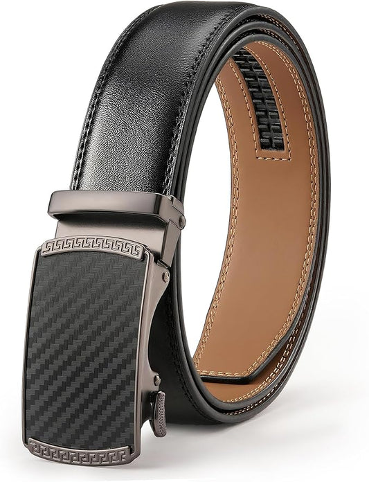 Men's Leather Ratchet Belt, 1-3/8" Wide, Auto Buckle, Trim-to-Fit, No Holes, Casual & Dress, Gift Box