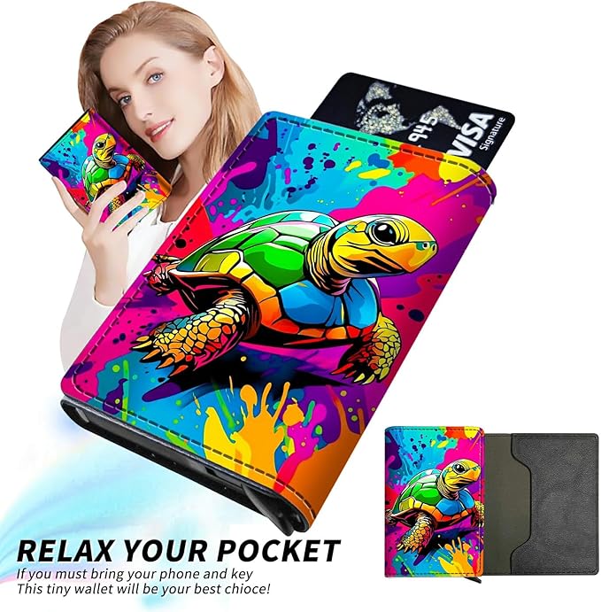 Minimalist Wallet for Men's Card Holders, Pop-Up Card Case Durable Wallets for Women, Leather Automatic Credit Card Holder with Metal Money Clip RFID Blocking Bifold Pocket, Art Sea Turtle