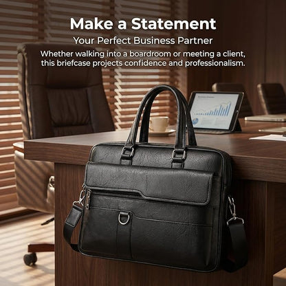 Men's Leather Laptop Bag 15 IN, Water-Resistant Briefcase Messenger Bag for Work, Business, Shoulder Crossbody Office Satchel
