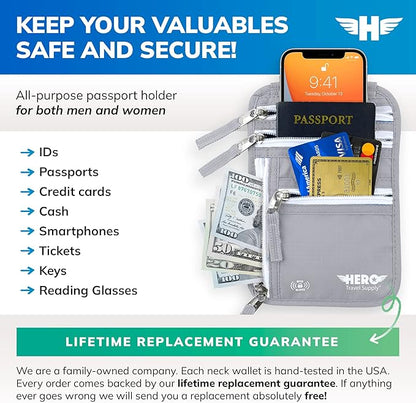 HERO Neck Wallet - RFID Blocking Passport Holder, Easy to Conceal Travel Pouch (Ash Grey)