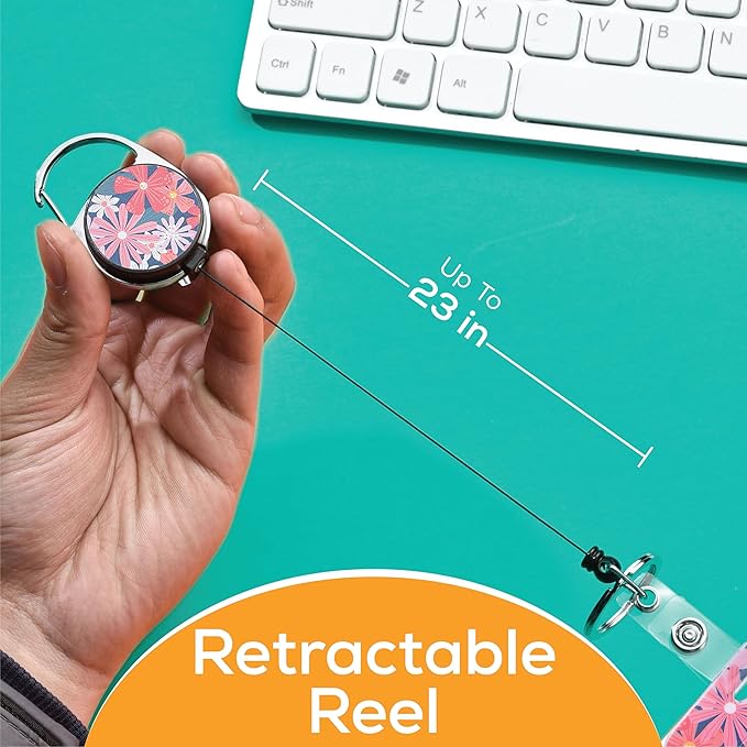 Will Well ID Badge Holder with Retractable Lanyard, Retractable Badge Reel Nylon Lanyard & Vertical ID Card Holder with 1 Card Slot Key Chain for Men & Women - Floral Print