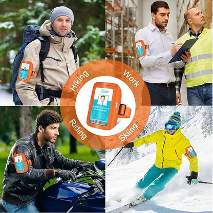 Geelin 2 Pcs Arm Badge Holder for Men Leather ID Armband Adjustable Badge Holder with Elastic Arm Band Waterproof Ski Pass Armband for Work Postcards Office Business Supplies(Orange)