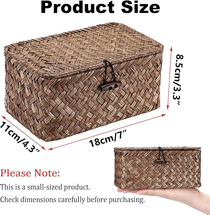 Hipiwe Handwoven Wicker Basket with Lid Desk Organizer for Remote Control Key Glass Coffee Color Seagrass Box for Decoration, 7.0"L x 4.3"W x 3.3"H