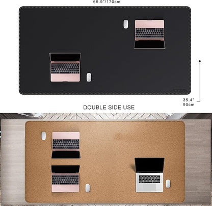 MAIDERN Leather Desk Mat Large XL, 67” x 35.4” Reversible Office Desk Pad Mat, Cork & Leather Large Mouse pad for Desk, Waterproof Computer Desk Mat for Gaming Home Office (Black)
