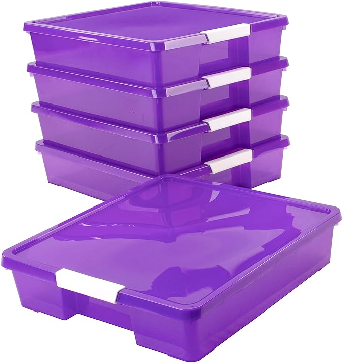 Storex Classroom Craft Project Box – Stacking Plastic Organizer Fits 12x12 Scrapbooking Paper, Purple, 5-Pack (63206U05C)