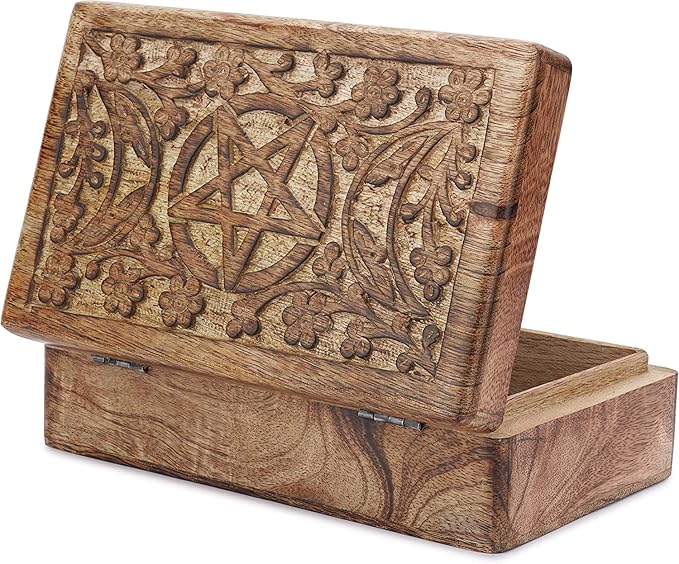 Ajuny Wooden Hand Carved Decorative Jewelry Box Moon Star Carvings Vintage Keepsake Storage Organizer Travel Treasure Chest Trinket Holder Case Great Gifts 8x5 Inch