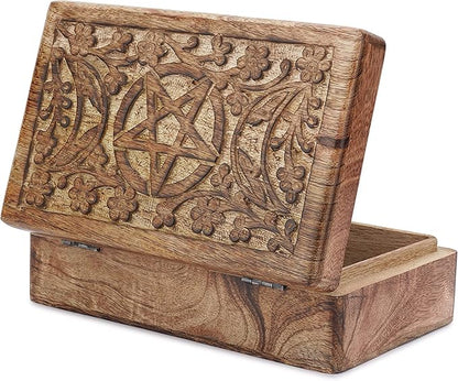 Ajuny Wooden Hand Carved Decorative Jewelry Box Moon Star Carvings Vintage Keepsake Storage Organizer Travel Treasure Chest Trinket Holder Case Great Gifts 8x5 Inch