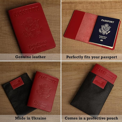 Shvigel US Leather Passport Book Cover - Thin American Travel Passport Holder - Premium International USA Passport Protector Case for Women Men (Red)