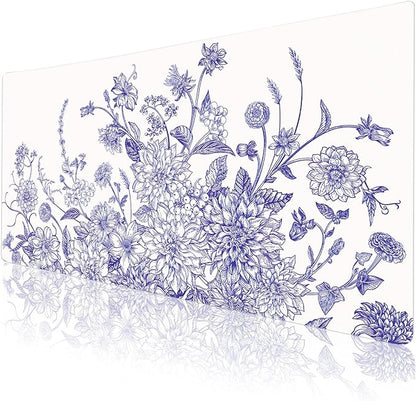 Colorful Star Large Mouse Pad, Floral Desk Mat Office Supplies, Waterproof Faux Leather Big Gaming Mousepad for Women Girls, Vintage Blue Flowers Desk Pad Home Office Décor Accessories 31.5" x 15.7"