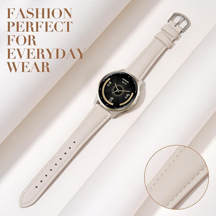 18mm Slim Leather Band Compatible with Garmin Venu 3S 41mm/Venu 4 41mm/Venu 2S/Vivoactive 4S/Vivomove 3S/Forerunner 255S/Forerunner 265S, Quick Release Thin Narrow Soft Strap for Women Men