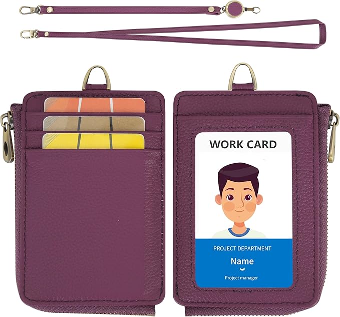 Wason Badge Holder Card Wallet Real Leather with Zipper, Detachable Neck Lanyard, Hand Strap, Retractable Badge Reel, Multi Purpose Case for ID Permit Badge Coin Key Driver's License (Purple)
