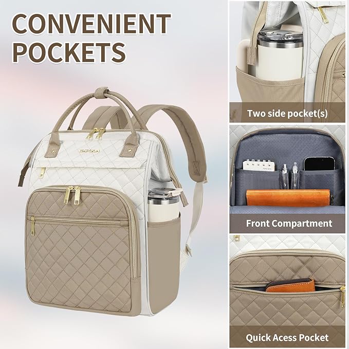 EMPSIGN 17 Inch Laptop Backpack for Women, Work Business Travel Computer College Bags, Large Capacity Water-repellent Quilted Casual Daypack, Beige-Khaki