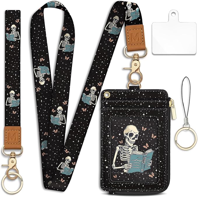 Lanyard Wallet with Id Badge Holder, Skeleton Book RFID Small Keychain Wallet Women Wristlet, Cute Zipper Credit Card Holder Phone Wrist Neck Strap for Key Name Tag, Teacher Student Office