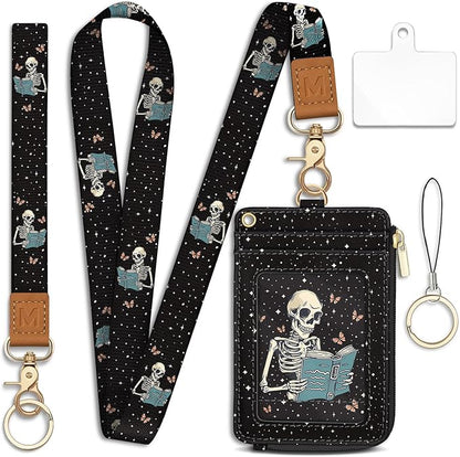 Lanyard Wallet with Id Badge Holder, Skeleton Book RFID Small Keychain Wallet Women Wristlet, Cute Zipper Credit Card Holder Phone Wrist Neck Strap for Key Name Tag, Teacher Student Office