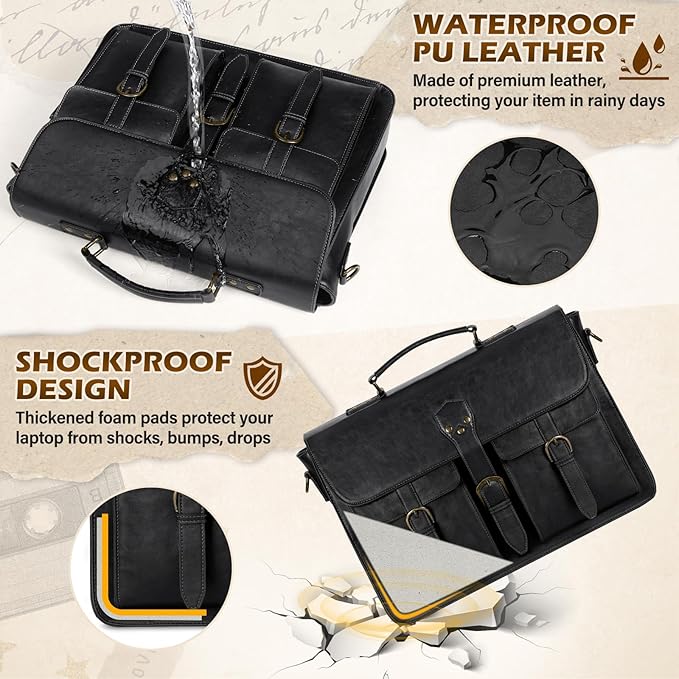 RAINSMORE Messenger Bag for Men 15.6 Inch Vintage Leather Laptop Briefcase Large Laptop Bag Waterproof Satchel Bag Computer Shoulder Bag for Office Work Travel College, Black