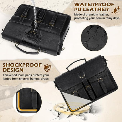 RAINSMORE Messenger Bag for Men 15.6 Inch Vintage Leather Laptop Briefcase Large Laptop Bag Waterproof Satchel Bag Computer Shoulder Bag for Office Work Travel College, Black