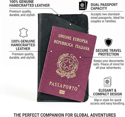 100% Leather Passport Case Premiun Travel Passaport Cover ande Slim Wallet Holder (BLACK)