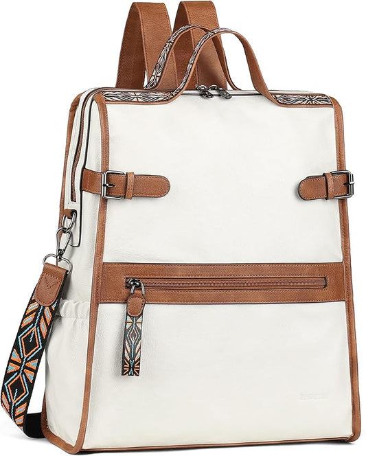 FADEON Leather Laptop Backpack for Women, Designer Ladies Work Travel Computer Backpack with Laptop Compartment Purse White