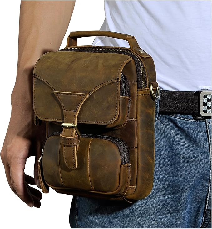Le'aokuu Mens Genuine Leather Small Messenger Shoulder Satchel Phone Pouch Belt Waist Bag Pack