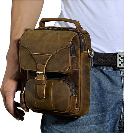 Le'aokuu Mens Genuine Leather Small Messenger Shoulder Satchel Phone Pouch Belt Waist Bag Pack