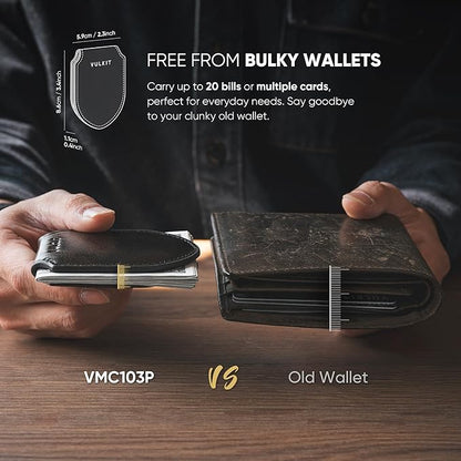 VULKIT Luxury Money Clip Top Grain Leather Magnetic Closure VULKIT Streamline Design Money Clip Wallet, Holds 10-20 Bills