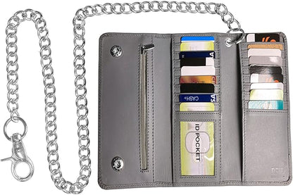IBRO VINTAGE Motorcycle Chain Wallet for Men – Premium Cowhide Leather, RFID Tri-Fold Biker Wallet with Heavy Duty Chain for Bikers Truckers & Hunters, Credit Card Money Organizer Long Wallet | Long Trifold, RFID Blocking, Men's, Trucker Biker